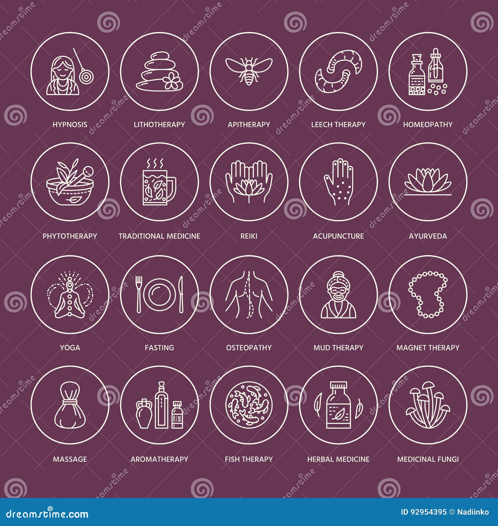 alternative medicine line icons. naturopathy, traditional treatment, homeopathy, osteopathy, herbal fish and leech