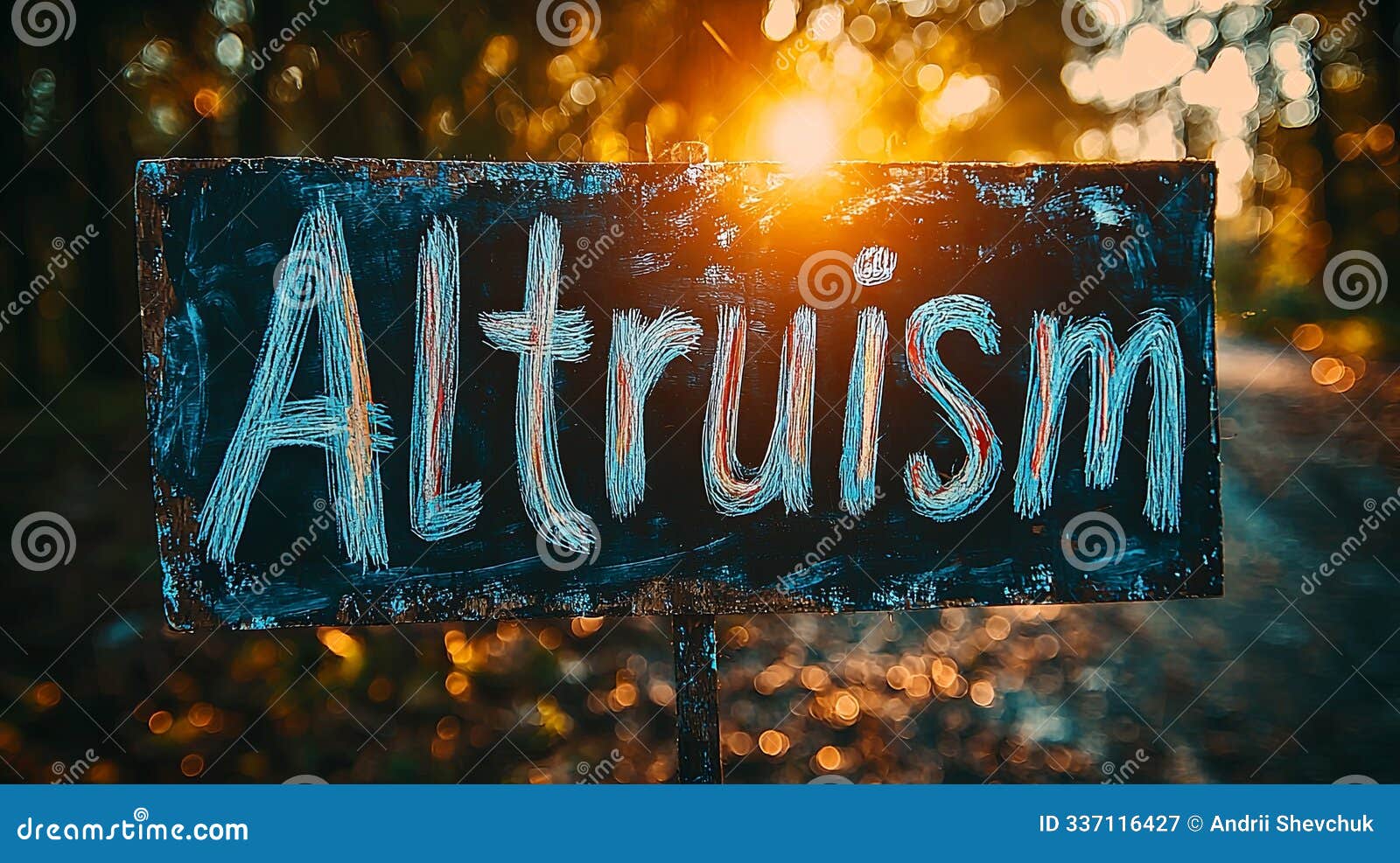 altruism sign with hand-drawn lettering in nature at sunset