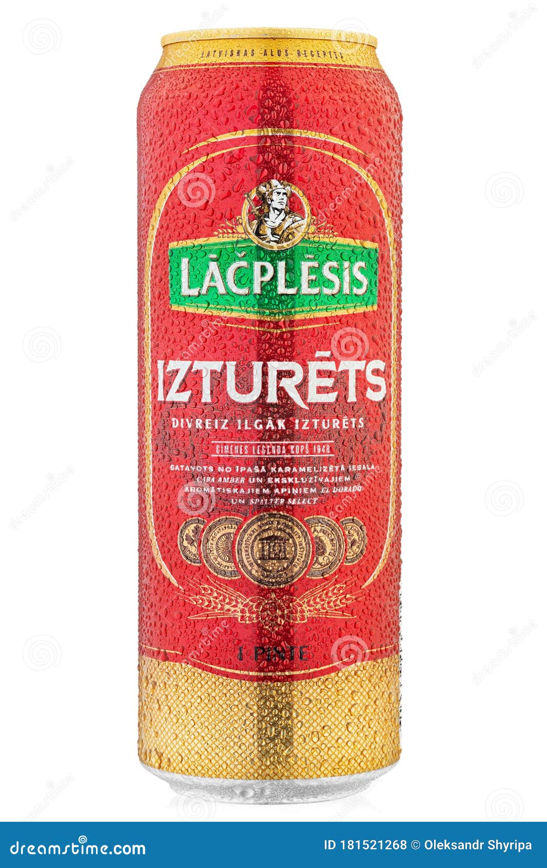 Aluminium Cold of Latvian Lacplesis Izturets Beer from Manufacturer Royal Unibrew Isolated on White. Water Drops Stock Photo - Image of drink: 181521268