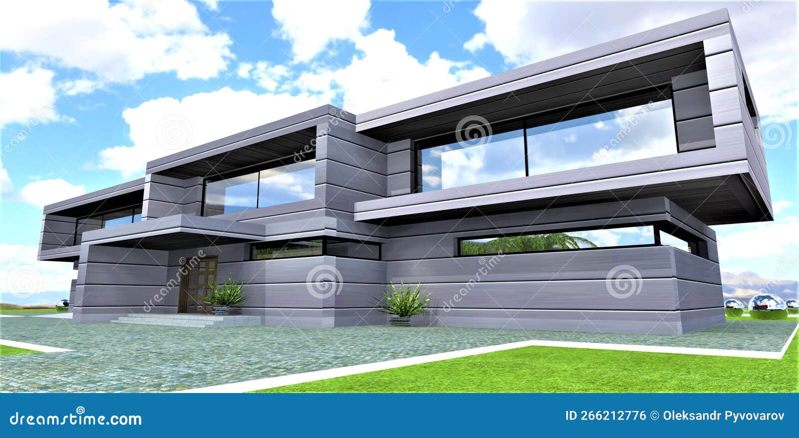 aluminium exterior as a basic trend in a contemporary suburban costruction. long life, aesthetic, heat-saving facade. 3d rendering