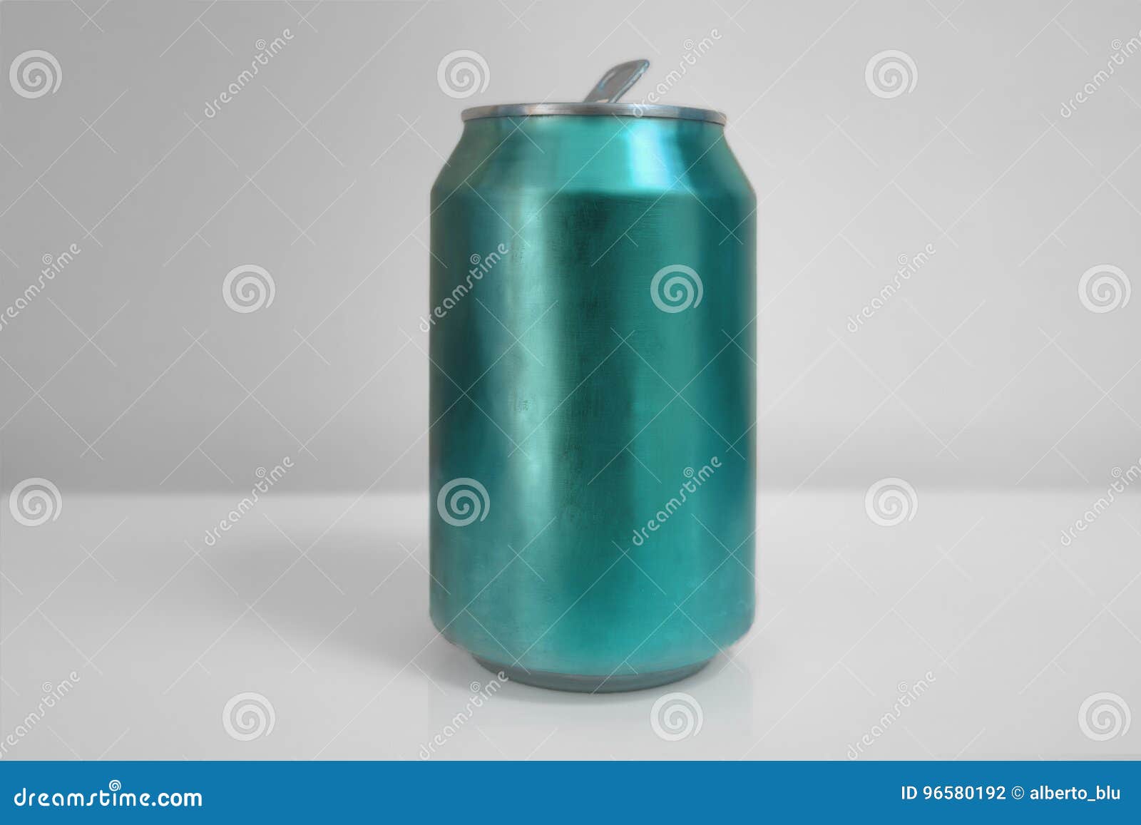 aluminum blue soda can over white background