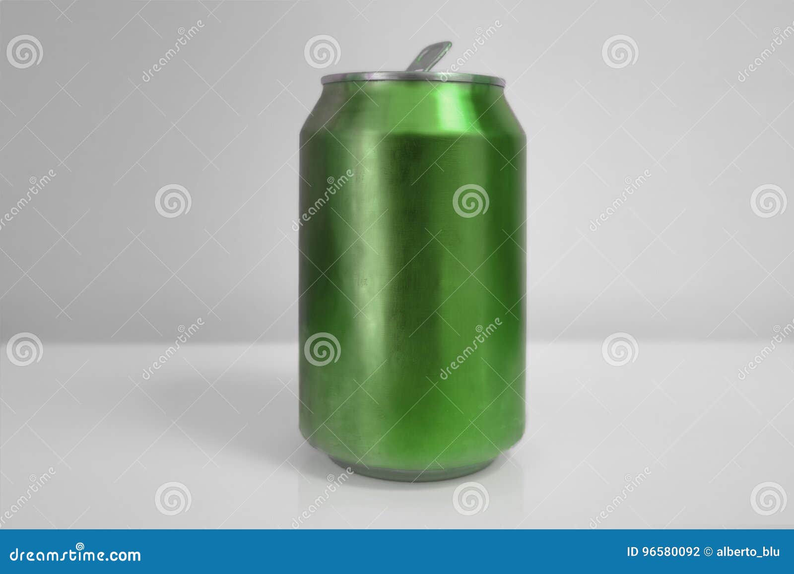 aluminum dark green soda can over white background