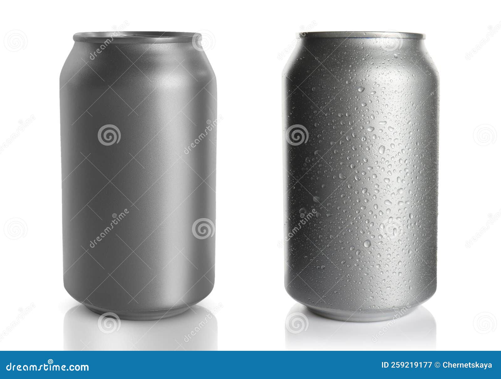 Aluminum Drink Cans, One with Water Drops on White Background Stock