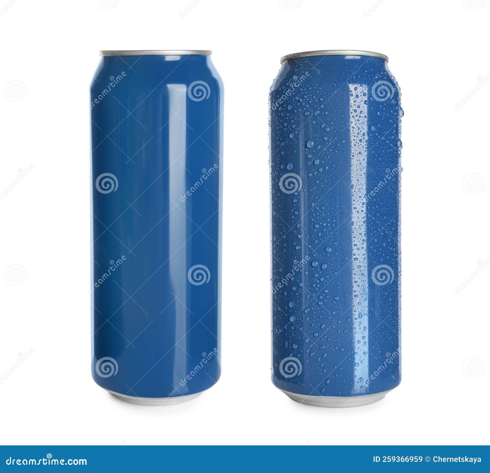 Aluminum Drink Cans, One with Water Drops on White Background Stock