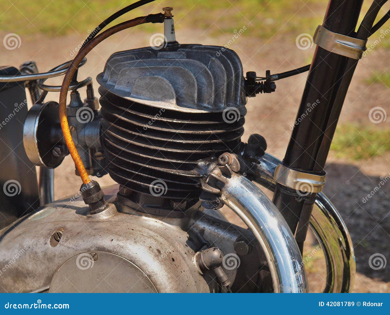 Aluminum Head of Old Motorcycle Engine, Exhaust System Stock Image