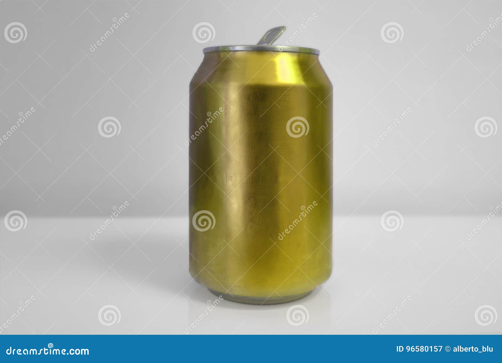 aluminum yellow soda can over white background