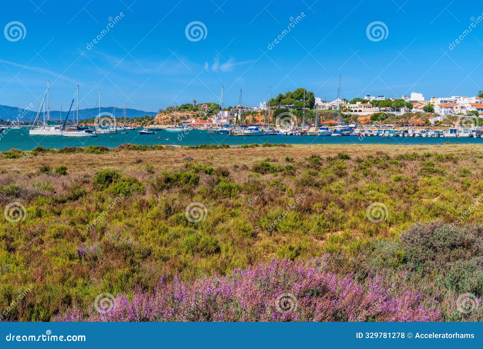 alvor view from boardwalk to algarve town with colourful flowers and river