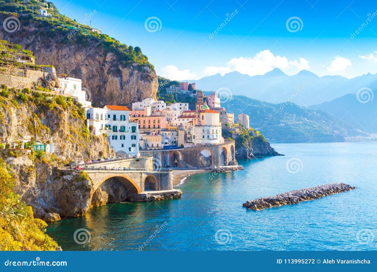 amalfi cityscape on coast line of mediterranean sea, italy