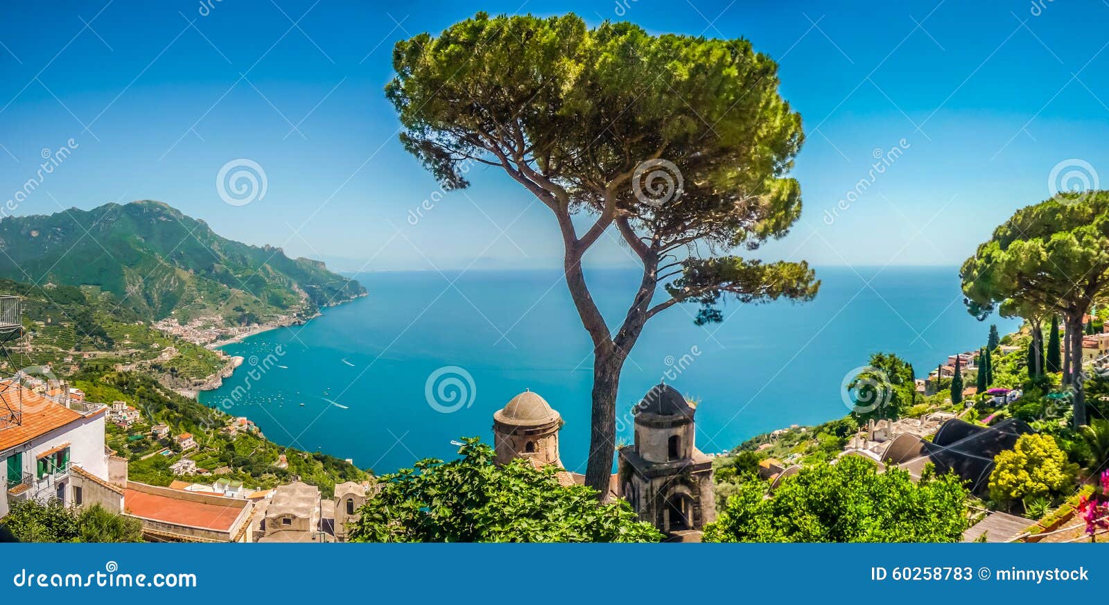 amalfi coast from villa rufolo gardens in ravello, campania, italy