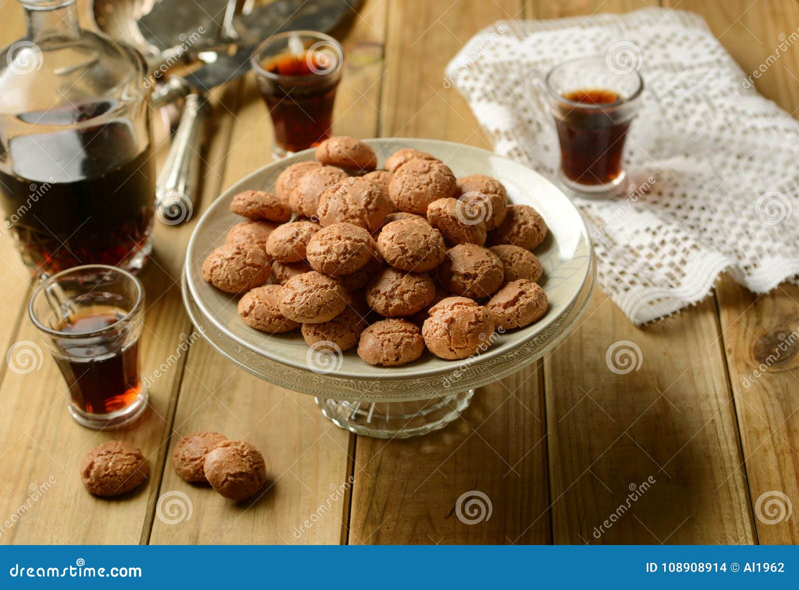 Amaretti Cookies With Liqueur Beside - Traditional Italian Pastry