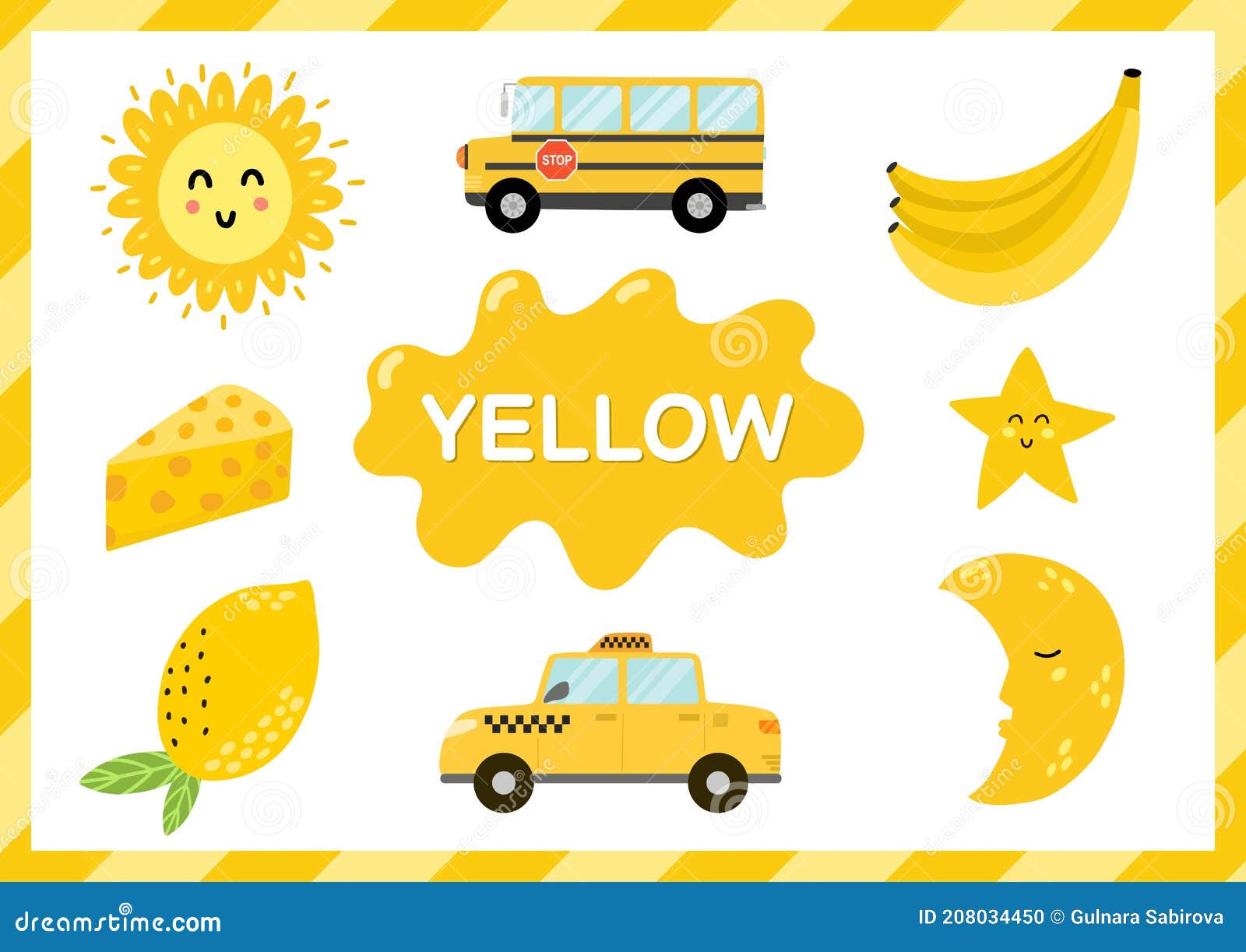 Conjunto de objetos de color amarillo colores de aprendizaje para niños  colección de elementos lindos fondo educativo