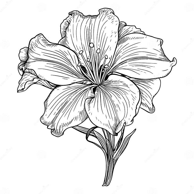 Amaryllis Flower with Leaves Line Art. Black Outline Vector Botanical ...