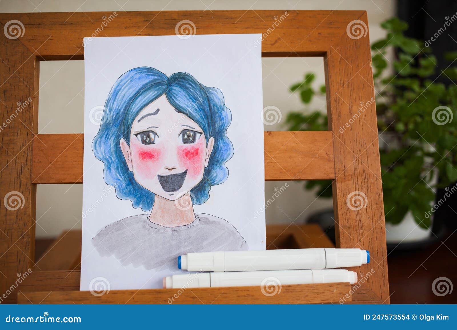 Amateur Picture of Girl with Blue Hair in Anime Style on Wooden Easel at  Home Studio. Learning To Draw Emotions Stock Photo - Image of hand, doodle:  247573554