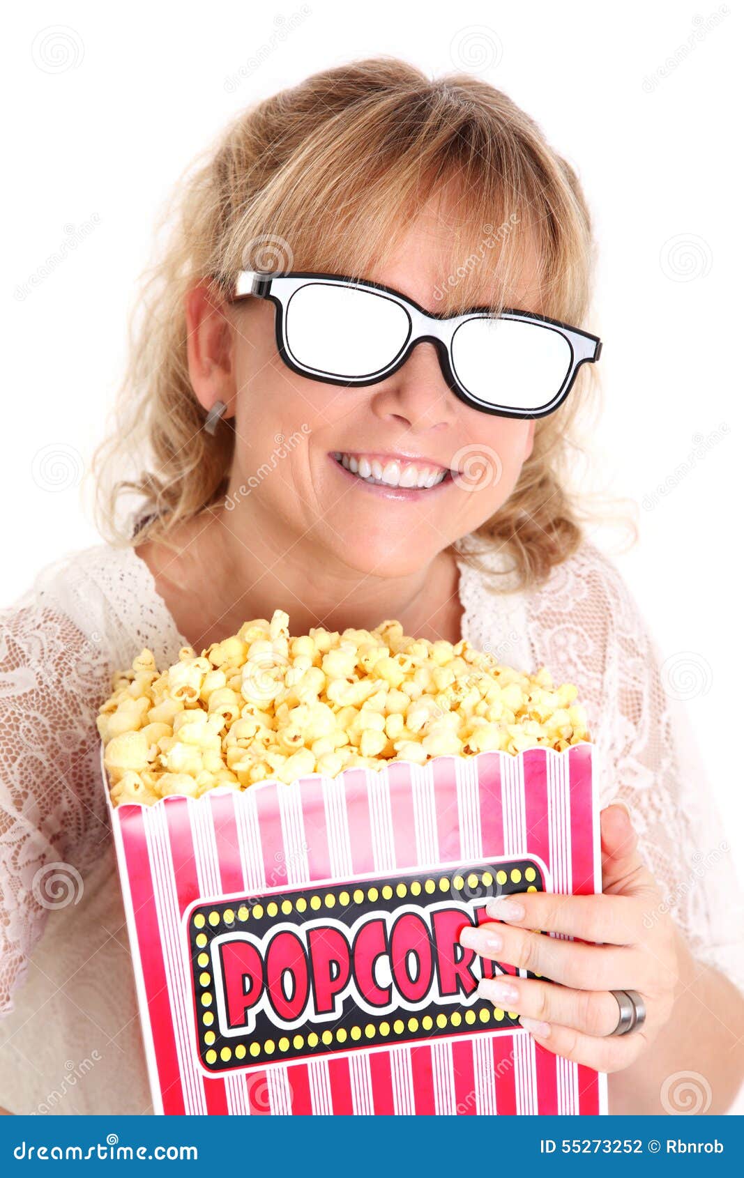 Amazed Woman With Popcorn And 3d Glasses Stock Photo Image Of Bucket