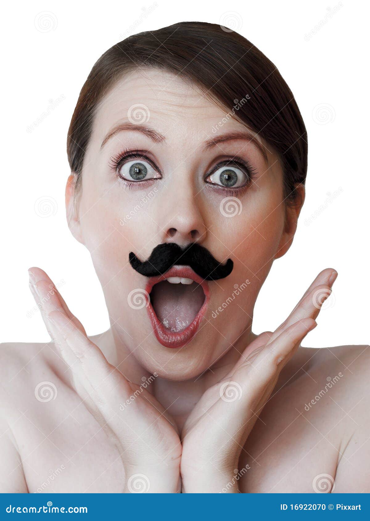 amazed young woman with moustache; 