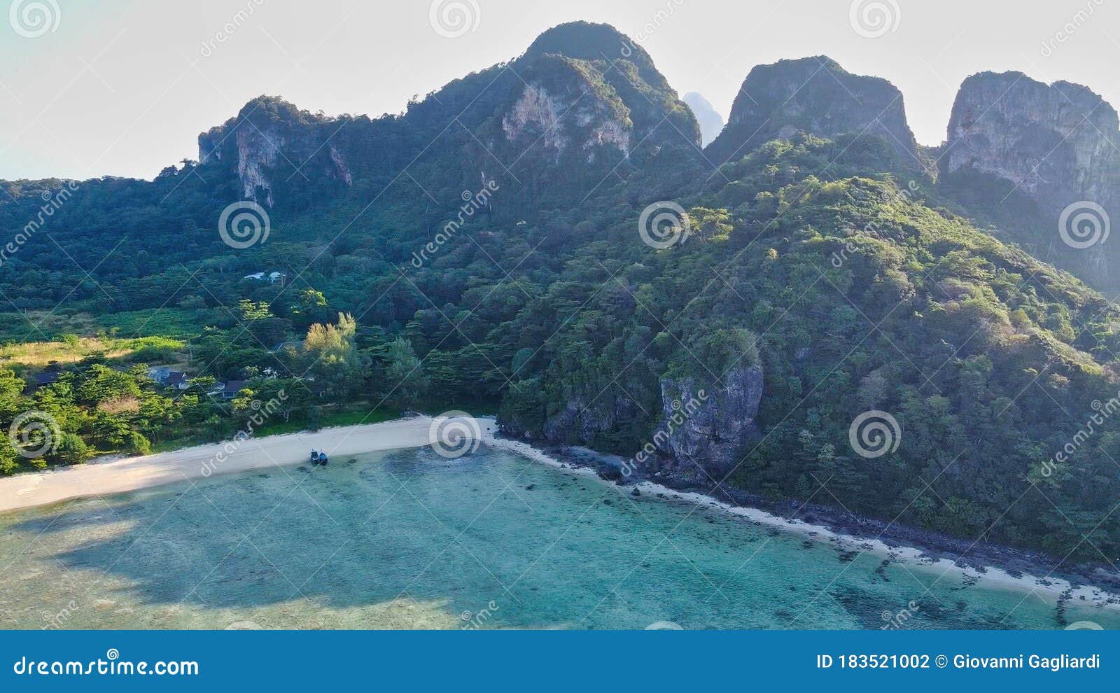amazing aerial view of loh lana bay in phi phi don, thailand