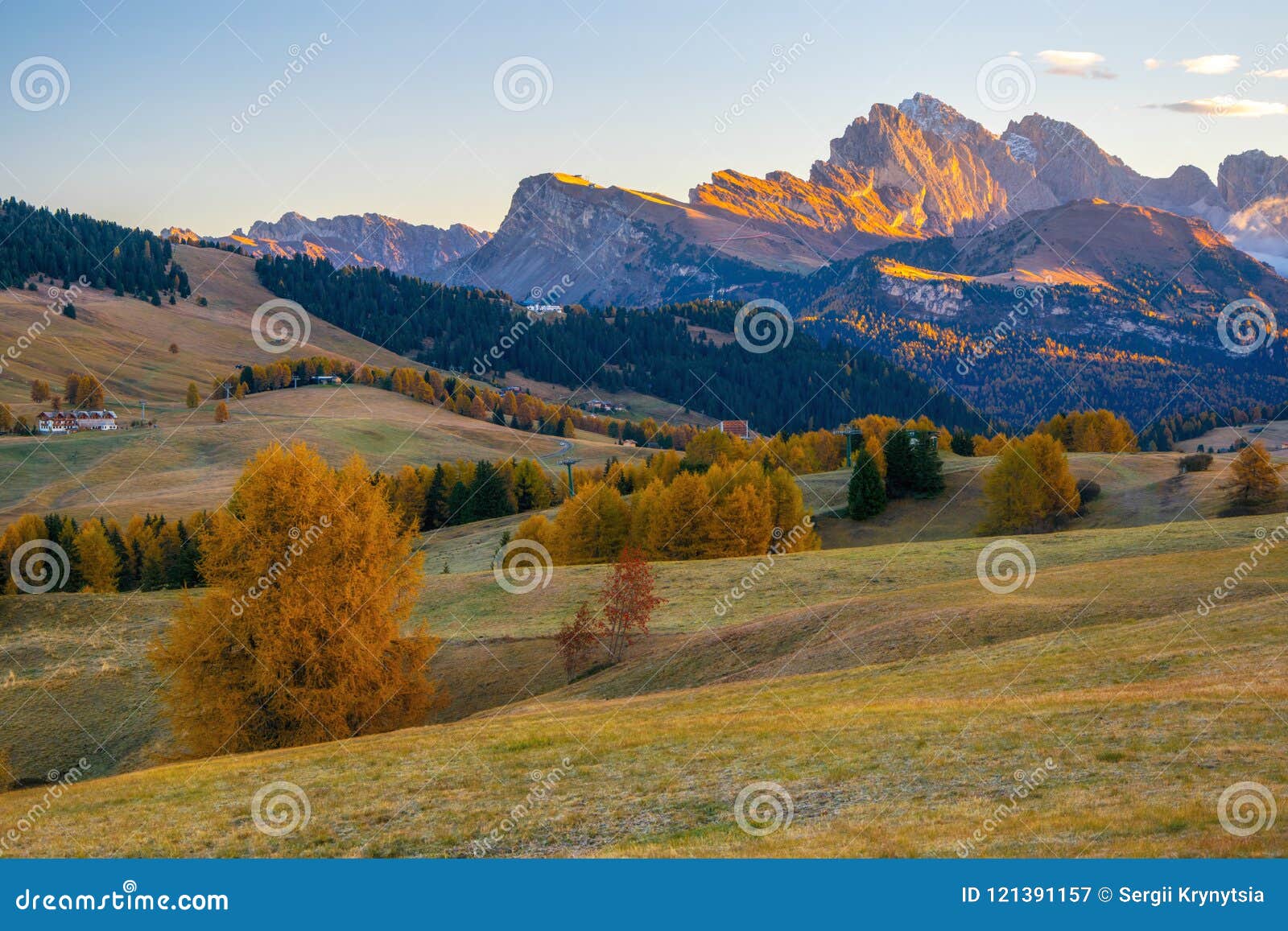 Autumn Sunrise Scenery With Yellow Larches In Alpe Di 