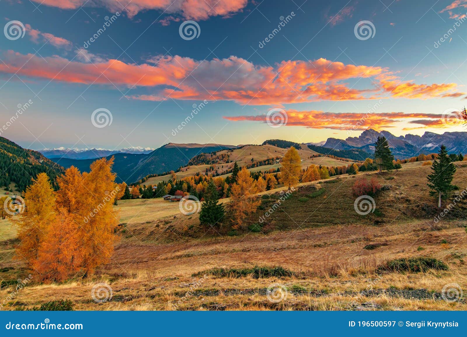 Sunrise In Alpe Di Siusi, Dolomites In Autumn Stock Photo 