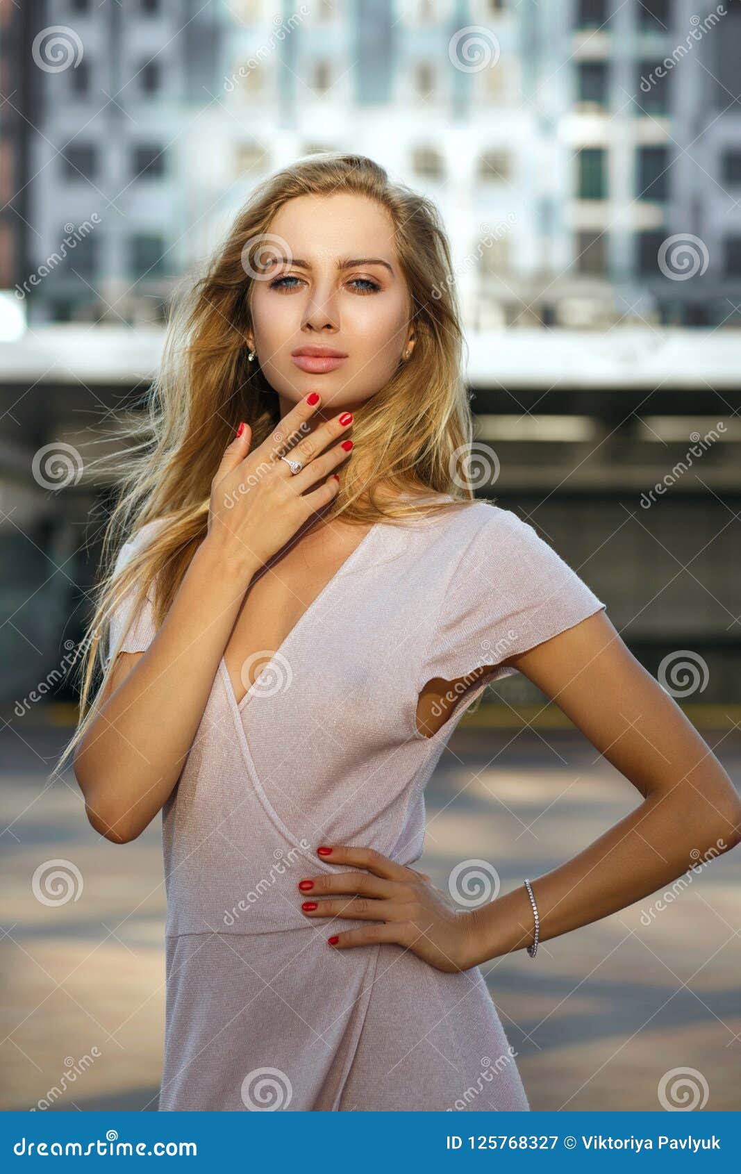 Amazing Blonde Woman With Long Lush Hair Enjoying Warm Summer Evening Outdoor Fashion Concept