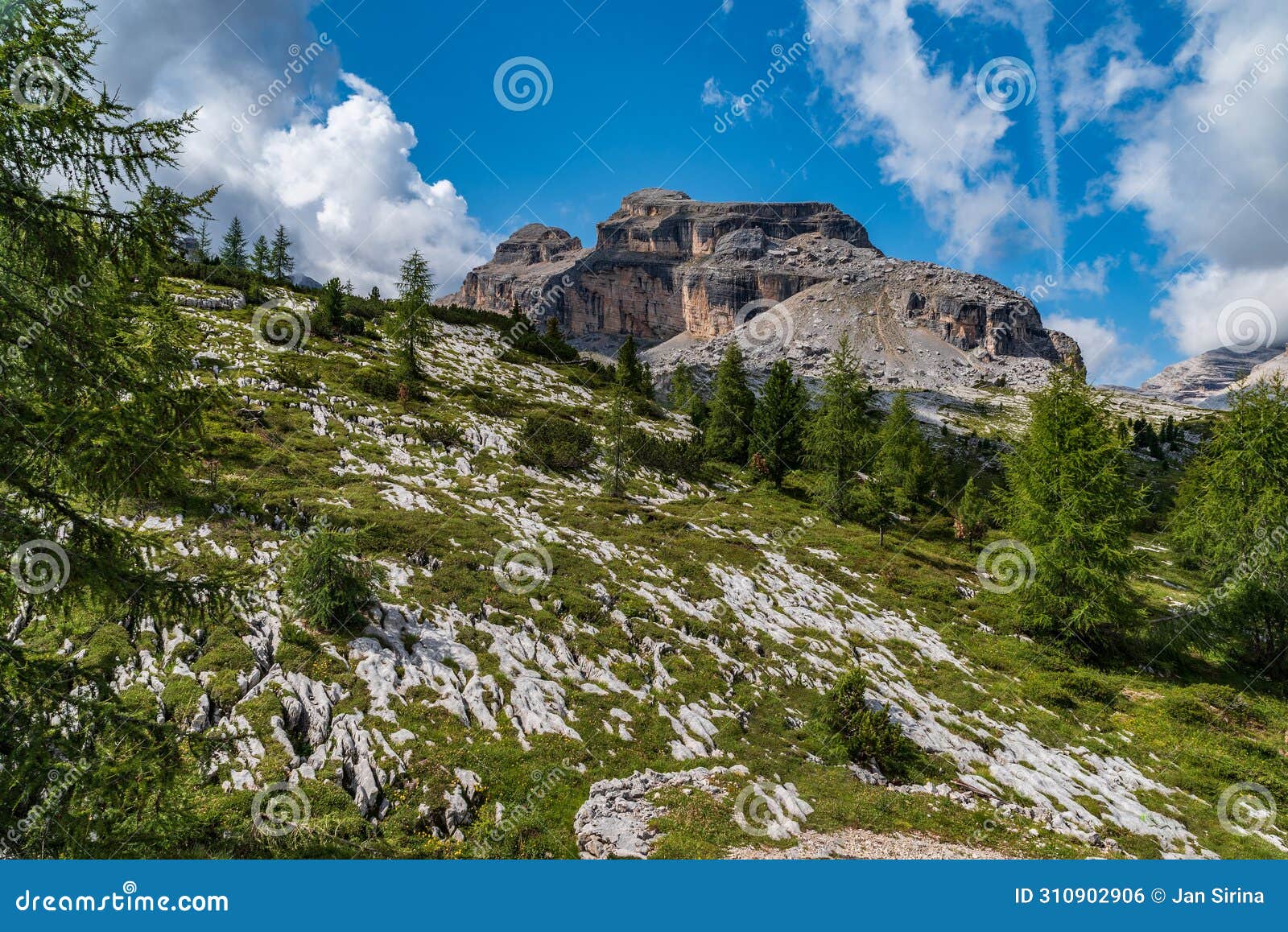 amazing cima campestrin mountain peak from hiking trail between fanes valley and bivacco della pace in the dolomites