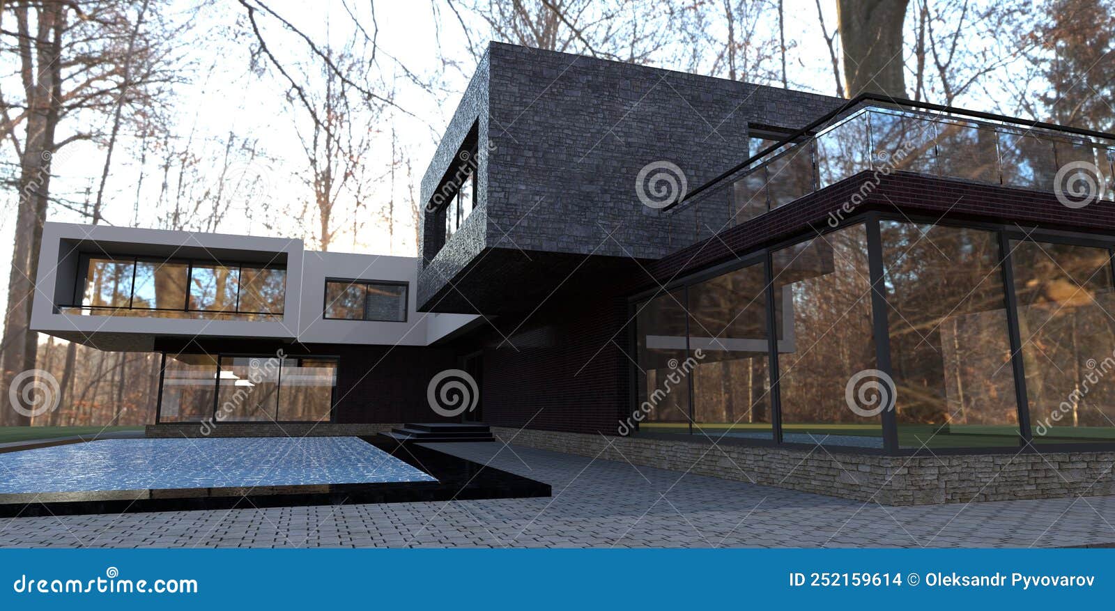 an amazing concept of an contemporary high-tech home. transparent volume. empty trees of late autumn forest. 3d render