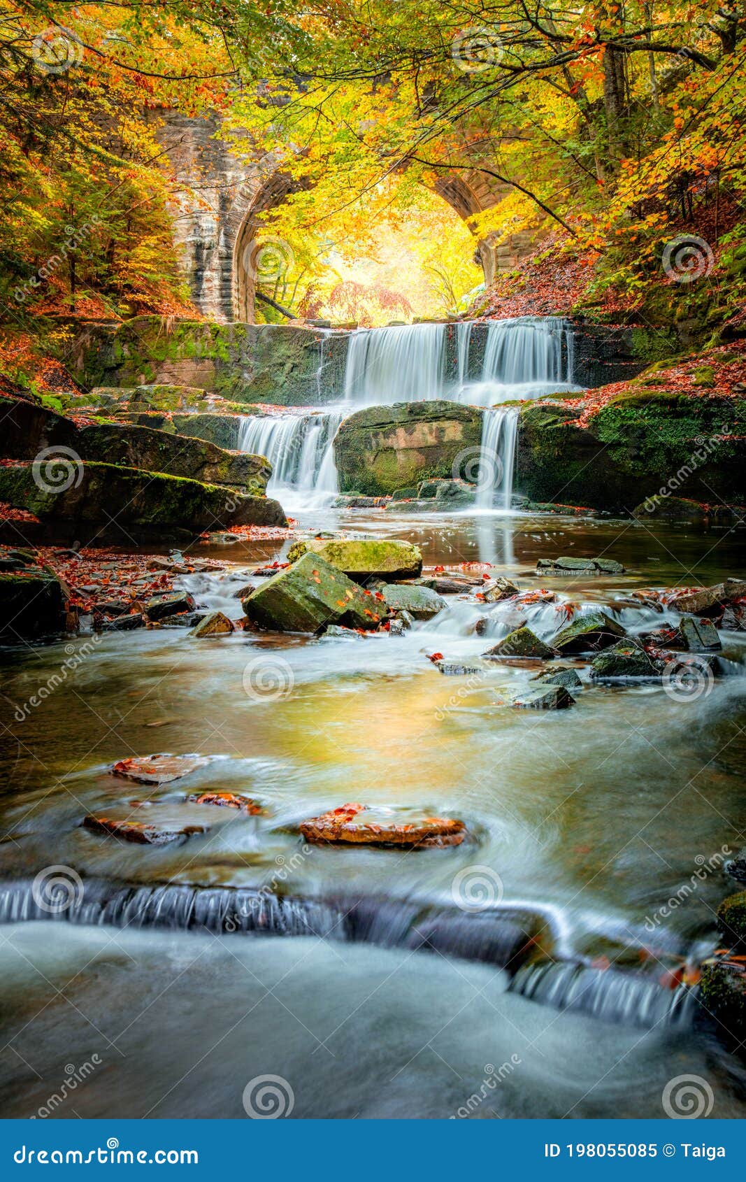 Amazing Fall Autumn Landscape River Waterfall In Colorful Autumn