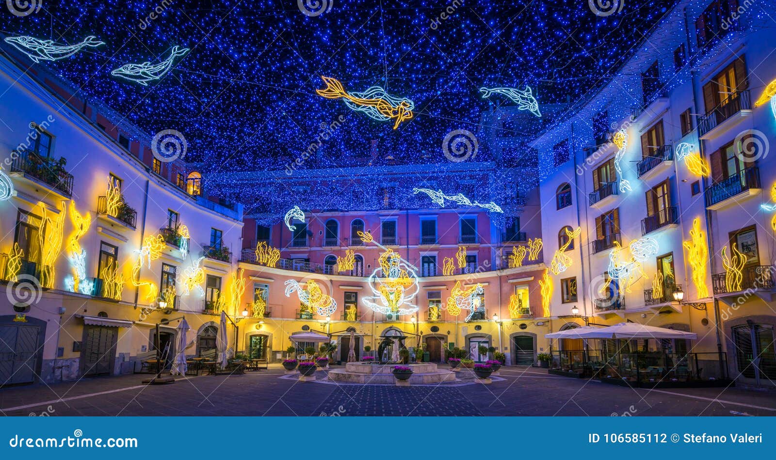 the amazing `luci d`artista` artist lights in salerno during christmas time, campania, italy.