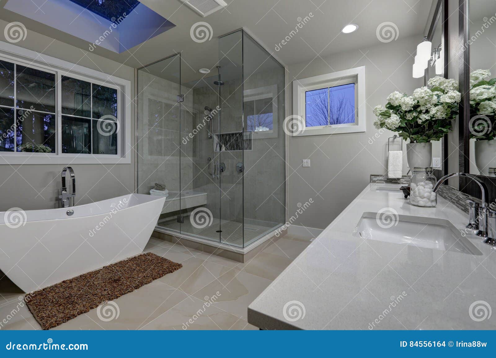 Amazing Master Bathroom With Large Glass Walk In Shower