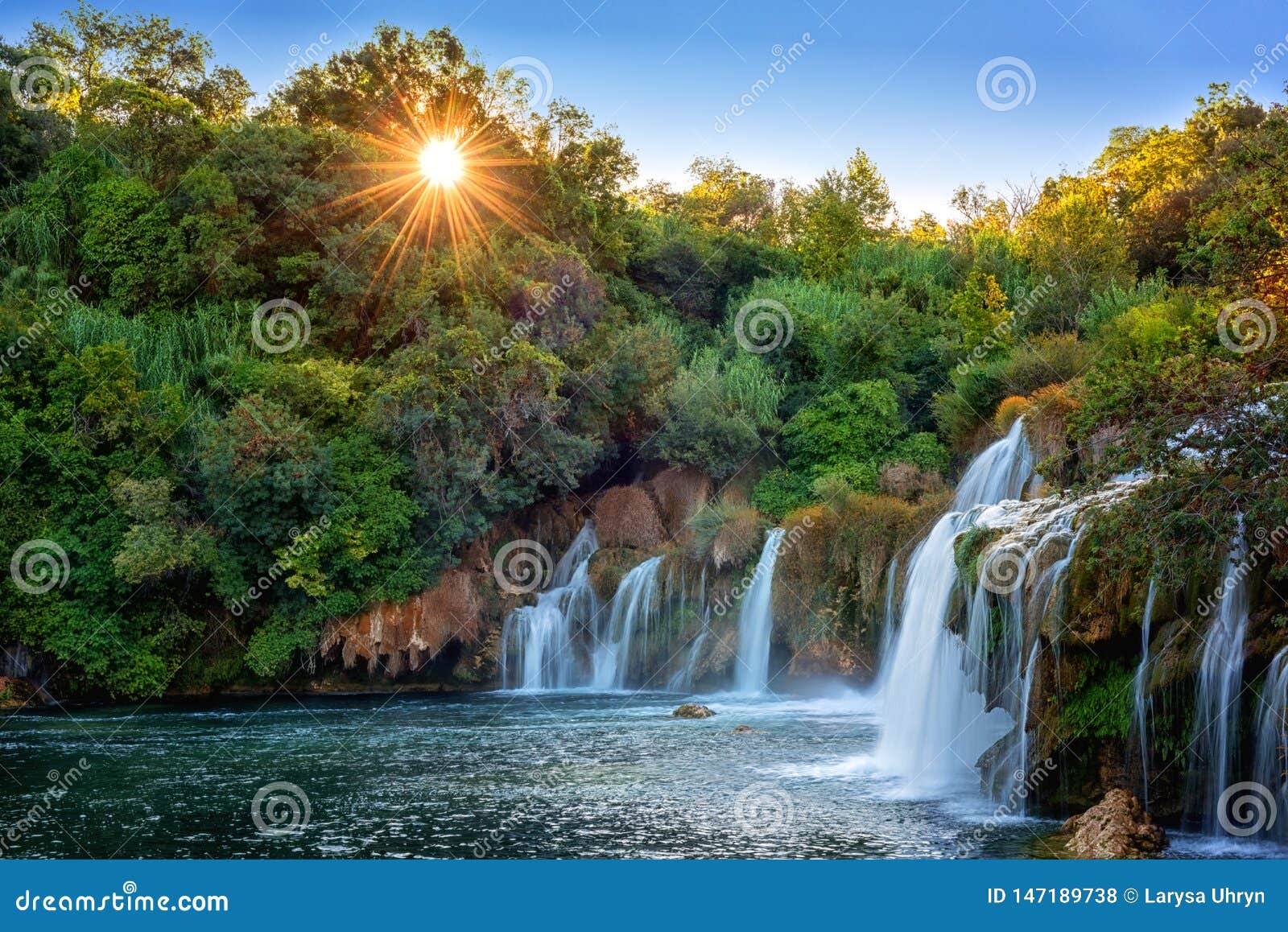 amazing nature landscape, famous waterfall skradinski buk at sunrise, croatia, outdoor travel background