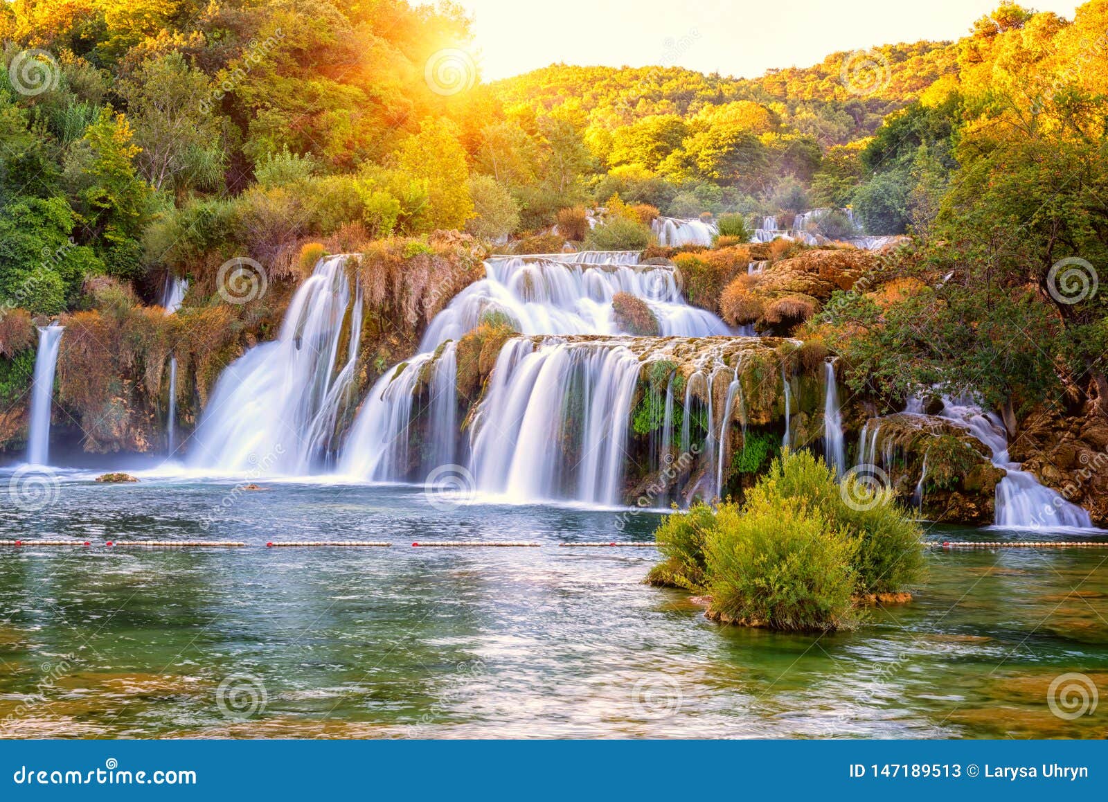 amazing nature landscape, famous waterfall skradinski buk at sunrise, croatia, outdoor travel background