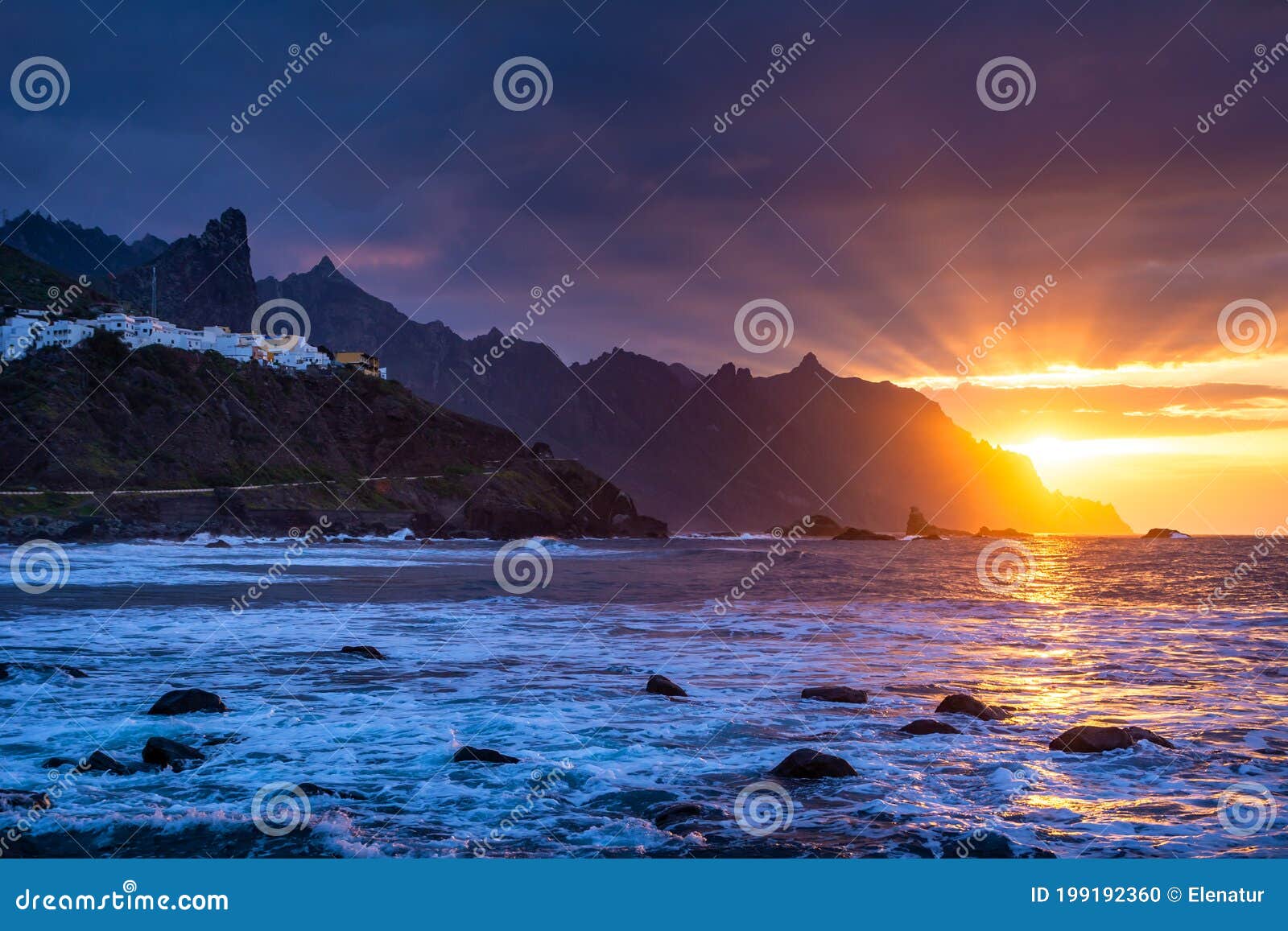 amazing nature view of benijo beach during a beautiful sunset. location: anaga, almaciga, tenerife, canary islands. artistic