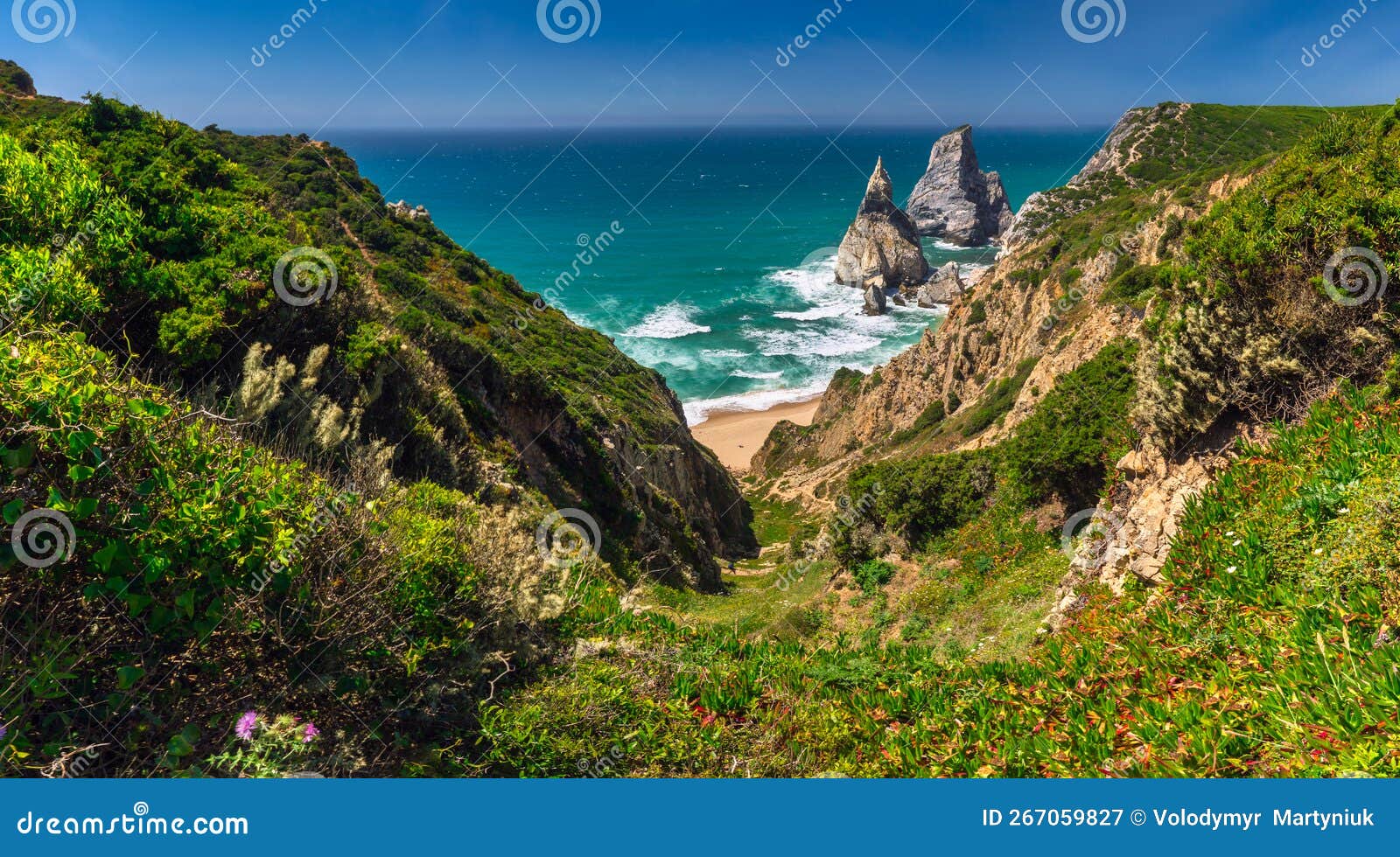 amazing panorama of rocky shore atlantic ocean. view of high cliffs, green hills, foamy waves and sandy beach. sunny summer seasca