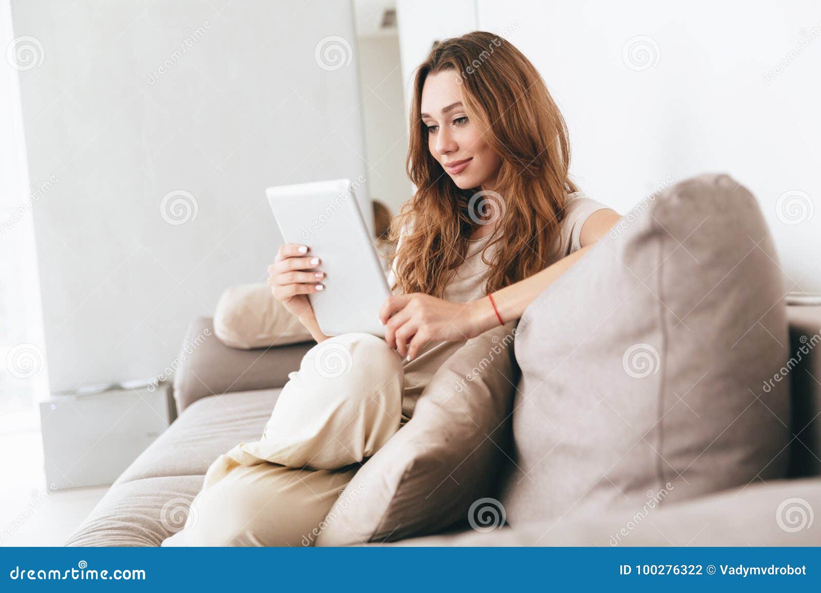 Amazing Pretty Lady Using Tablet Computer. Stock Photo - Image of happy ...
