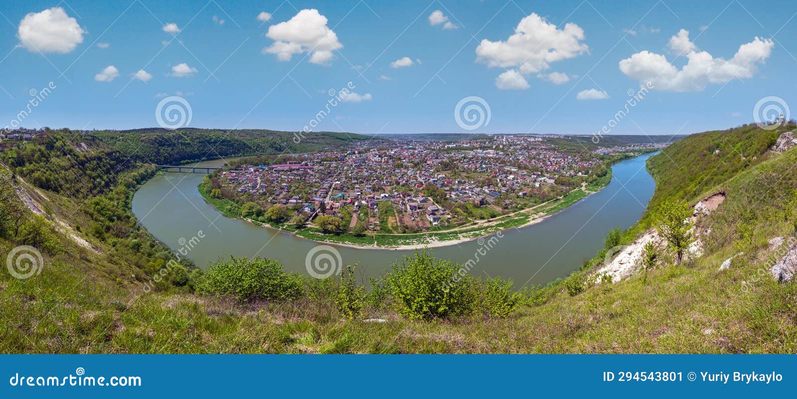 amazing spring view on the dnister river canyon. view to zalishchyky town, ternopil region, ukraine