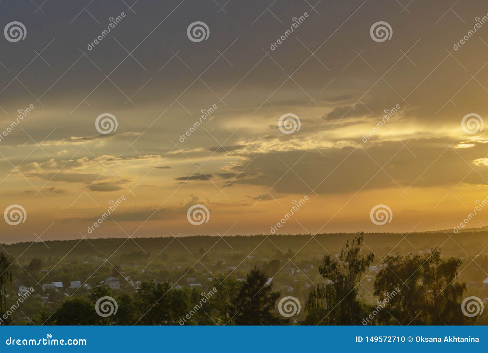 Amazing Sunset Aerial View Up Countryside Above Meadow And Trees With