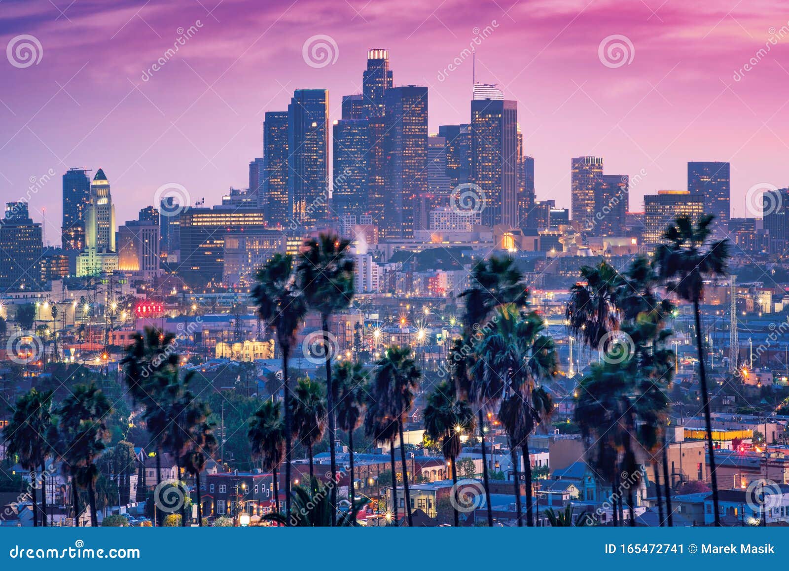 amazing sunset view with palm tree and downtown los angeles. california, usa