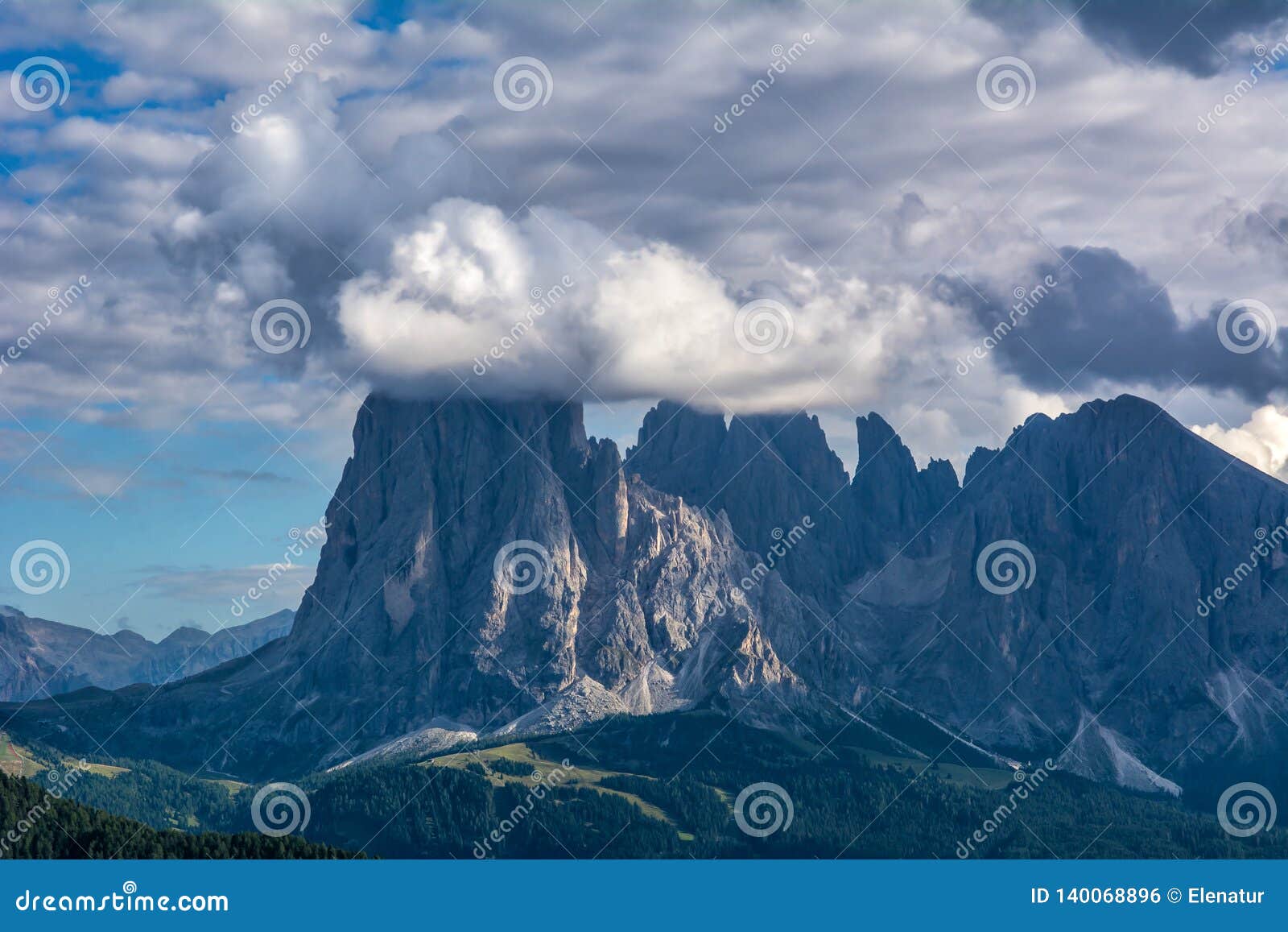 amazing view of langkofel mountain sassolungo with dramatic sky. wonderful landscape of the dolomites alps. south tyrol,