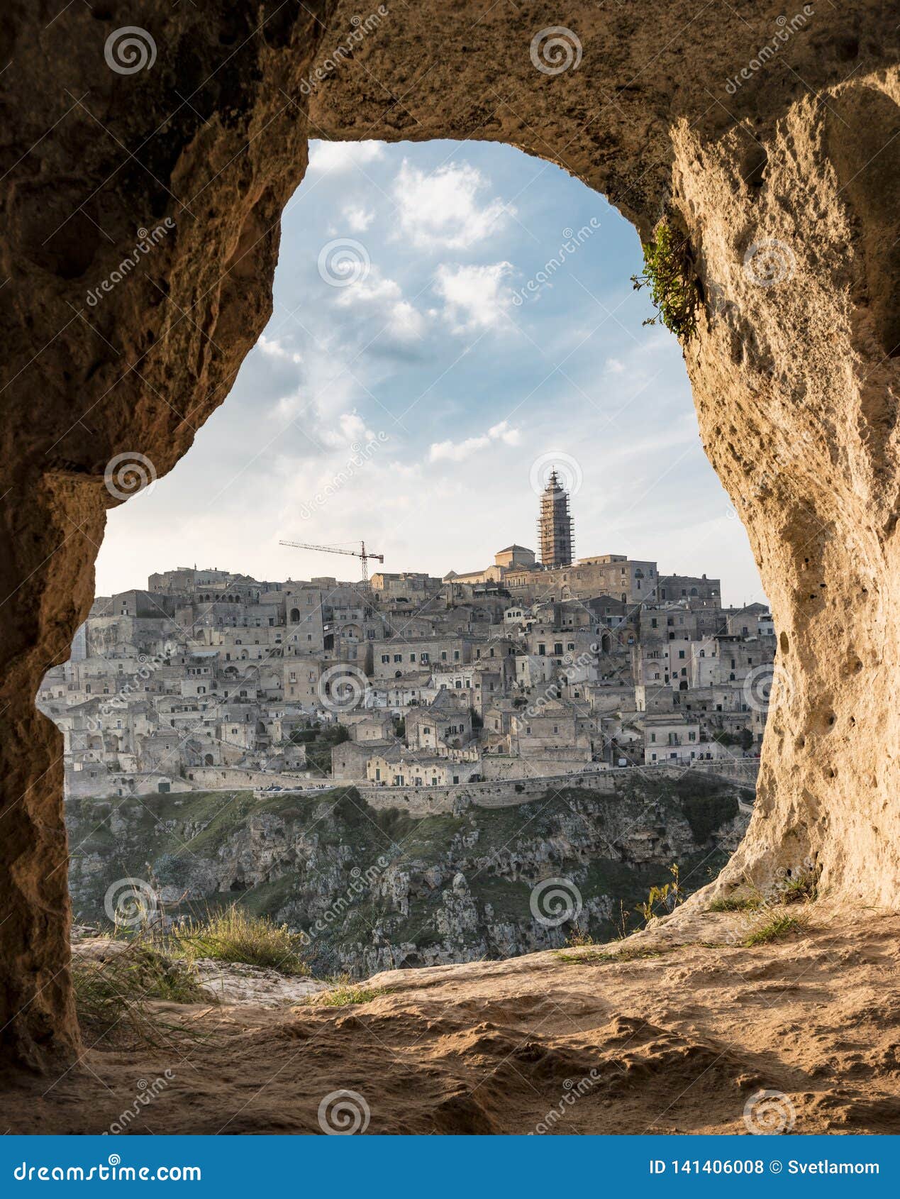 view of matera from a cave, italy