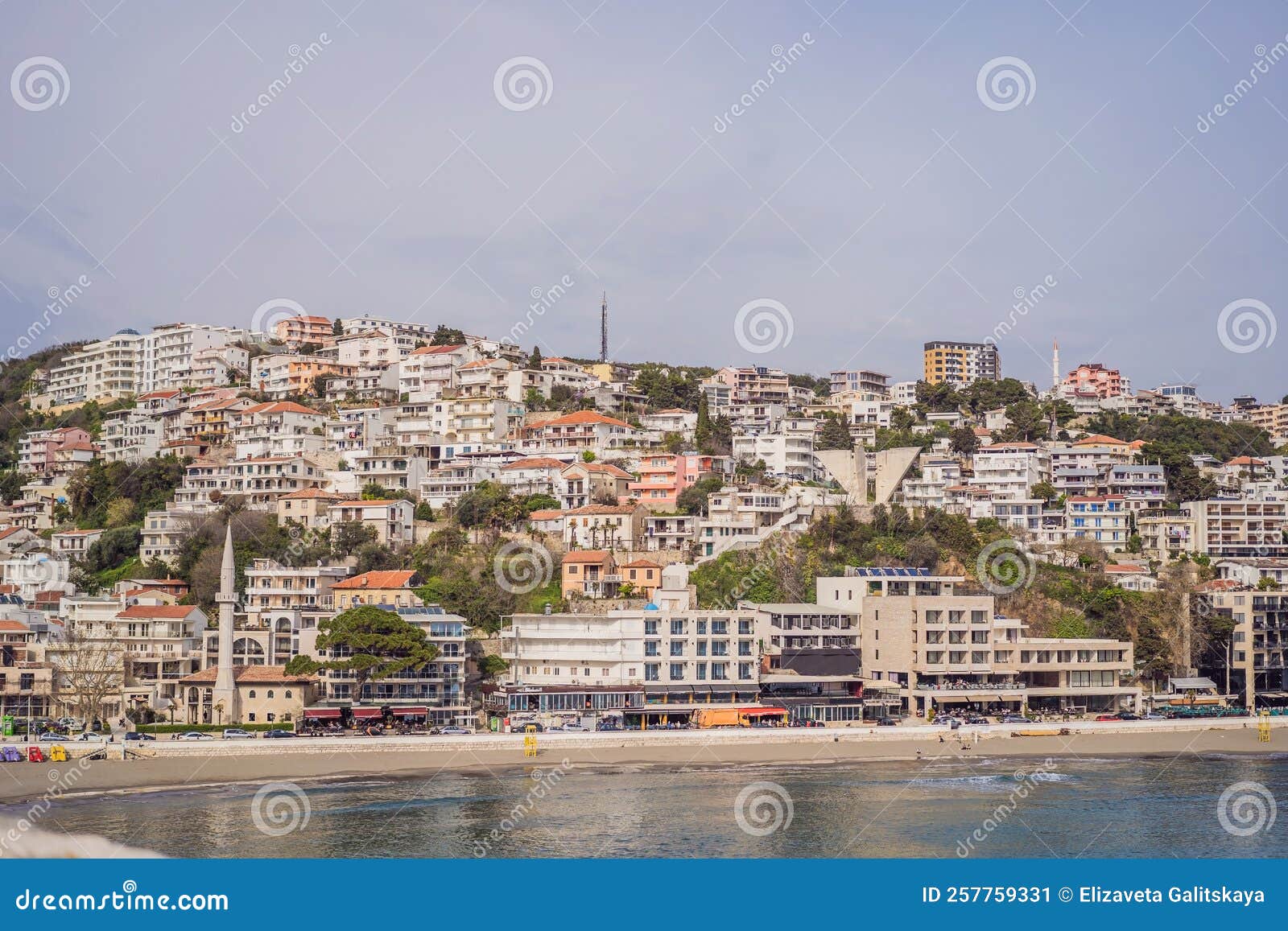amazing view on ulcinj town in montenegro. clock tower of ulcinj sahat kulla. lami mosque. ulcinj is a popular tourist