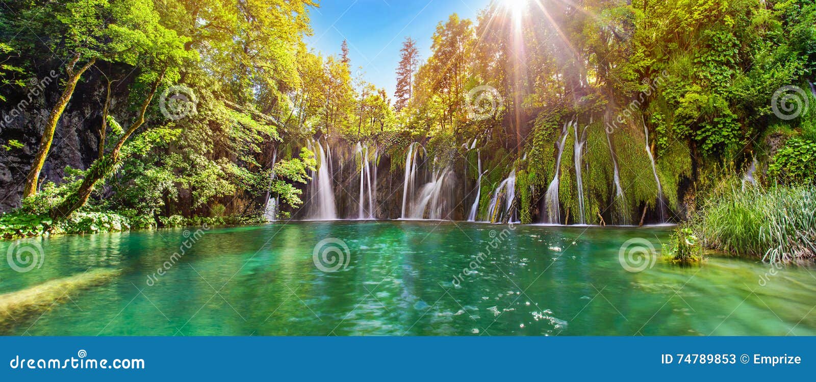 amazing waterfall panorama in plitvice lakes national park, cro