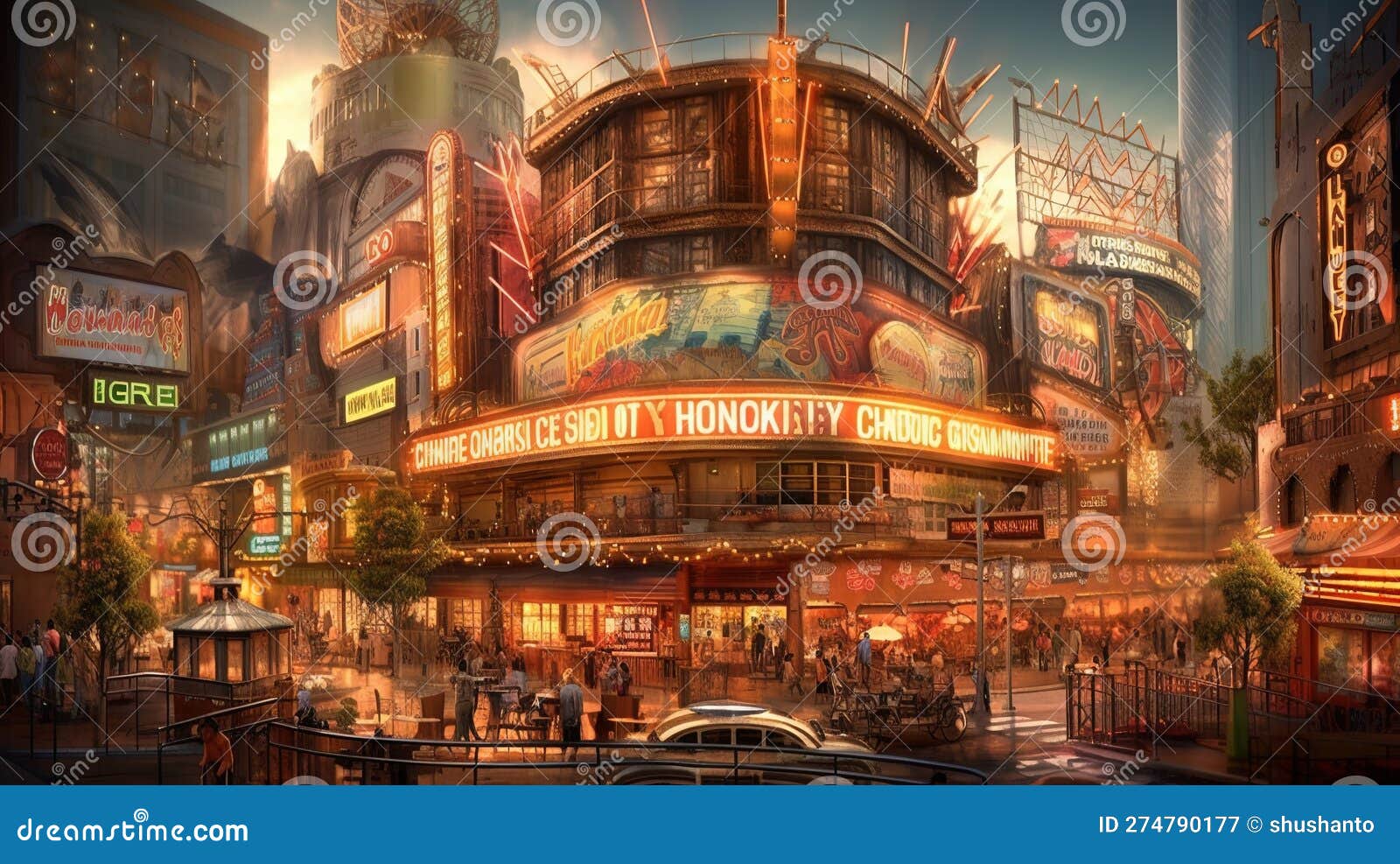 amazing wondrous enchanting atompunk town square at duak