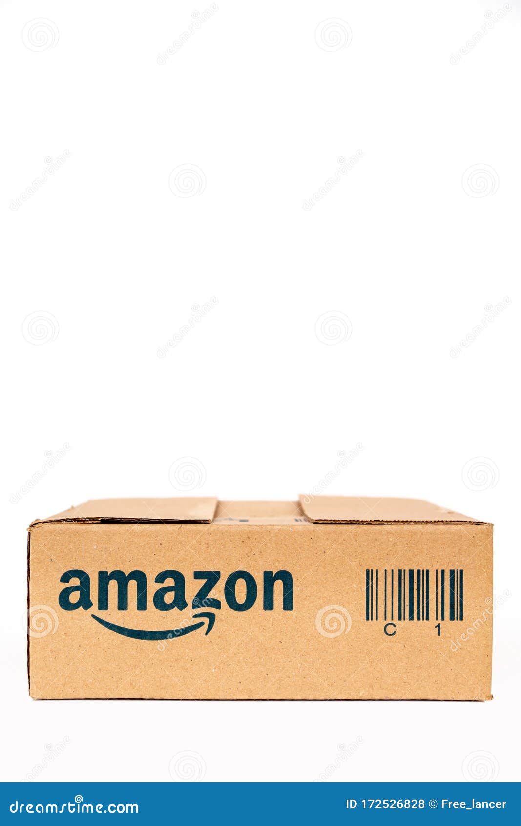 Amazon Cardboard Box Isolated on White Background, Recycling Concept