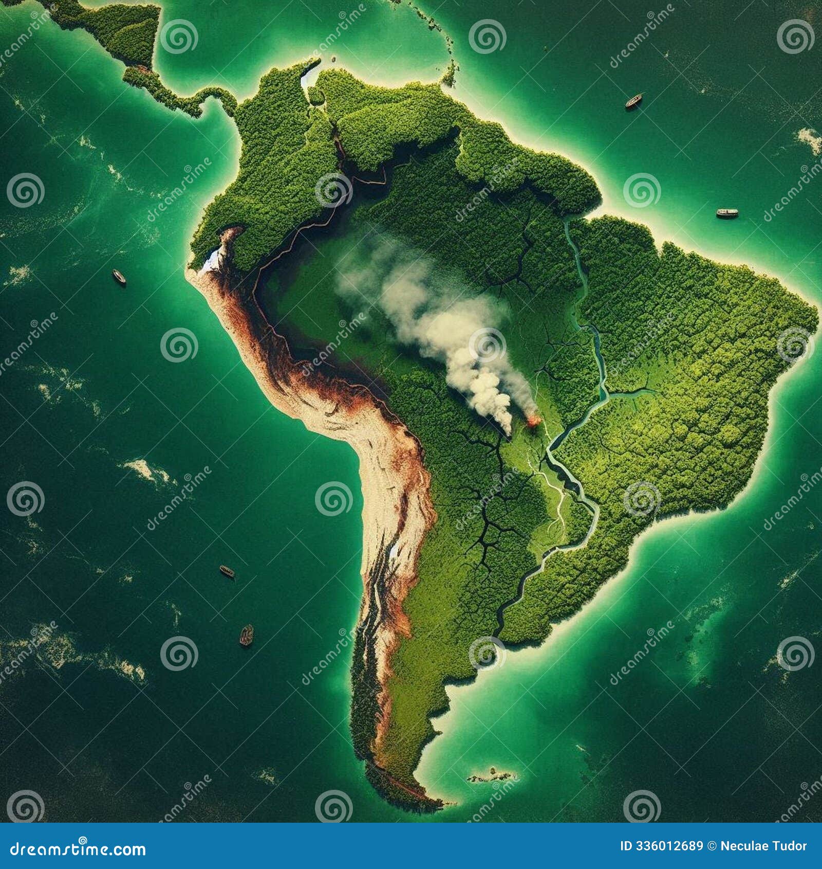 conceptual image of the amazon rainforest on fire with south american map and a hole