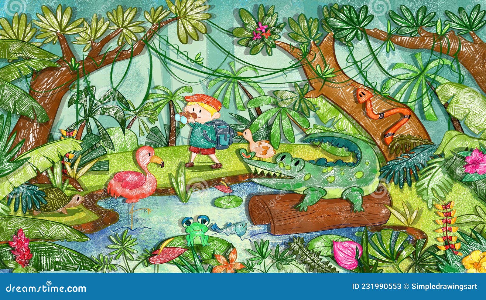Amazon Rainforest Jungle Pond Wildlife Backdrop Background. Cute Oil