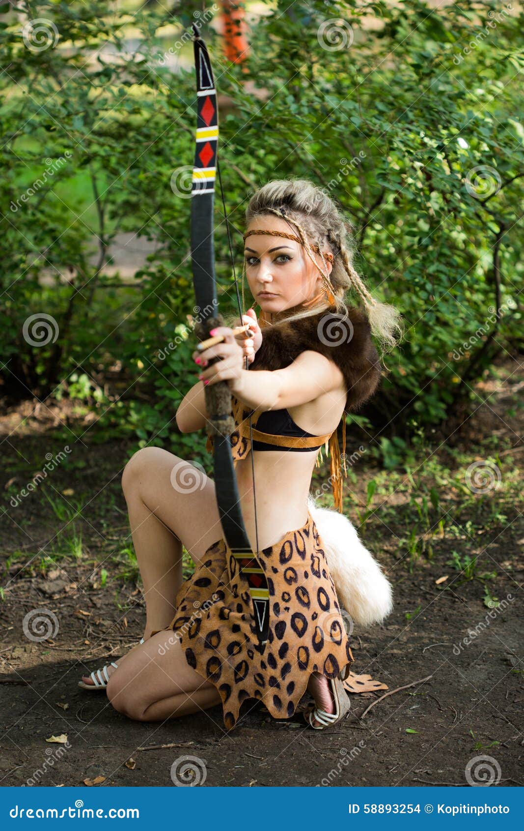 Amazon Woman Posing with Bow in Green Forest Stock Photo Image of