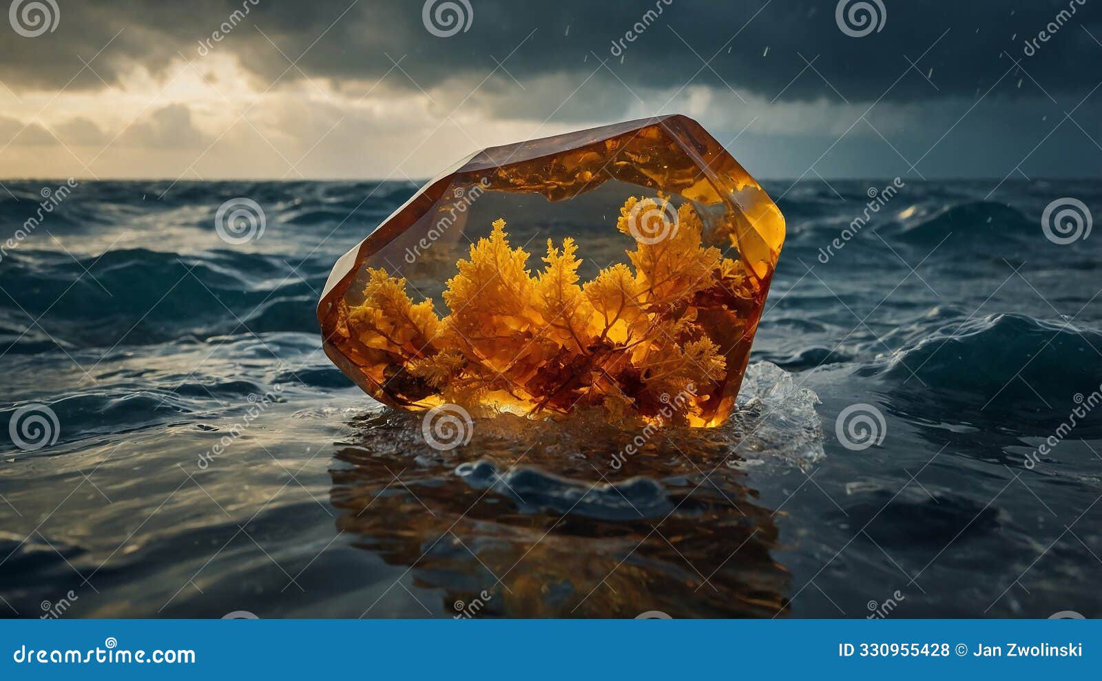 amber gemstone on rocky shore with storm clouds in the background during sunset over the ocean waves