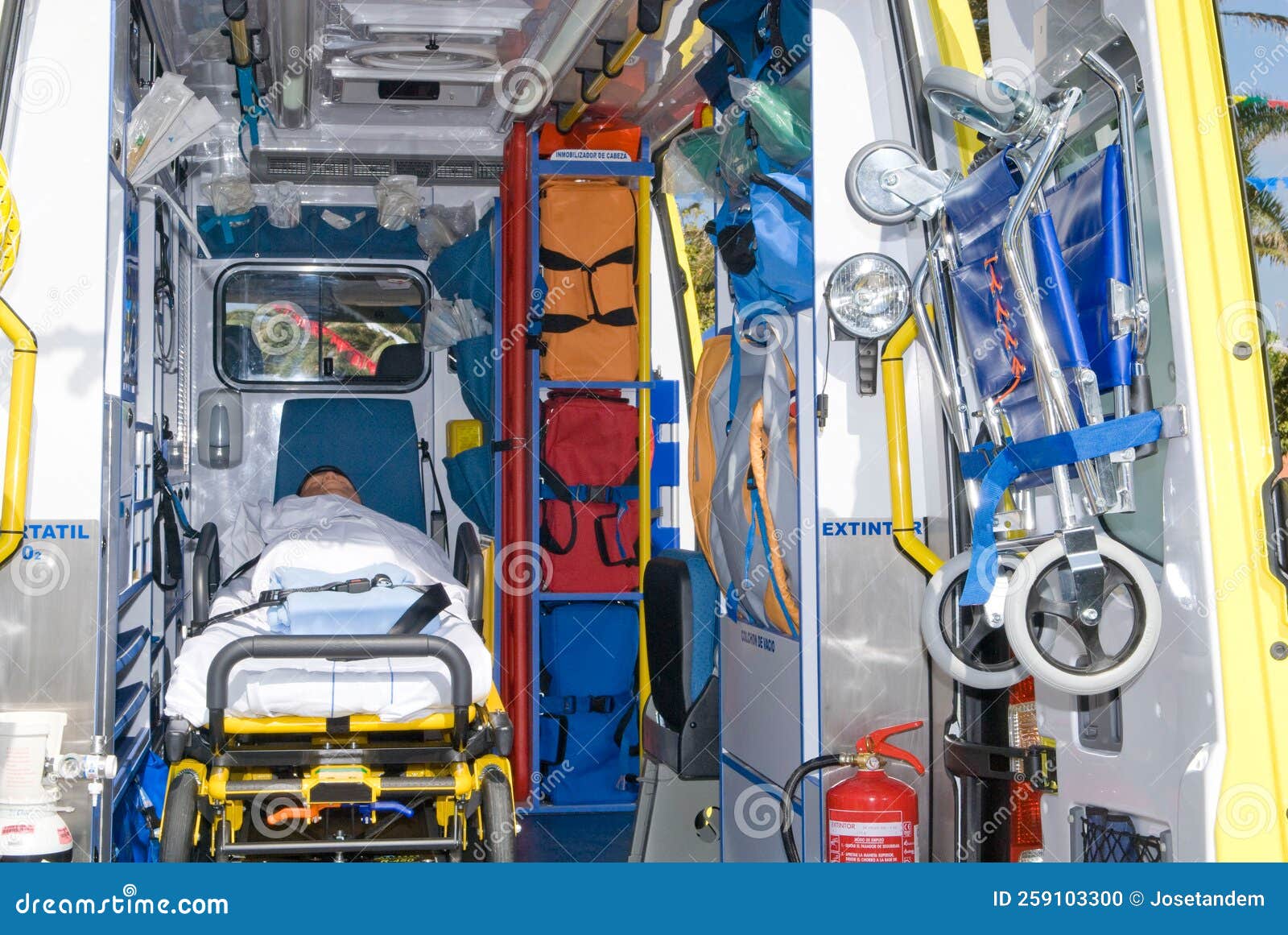 ambulance perfectly equipped with emergency equipment and dummy for first aid practices