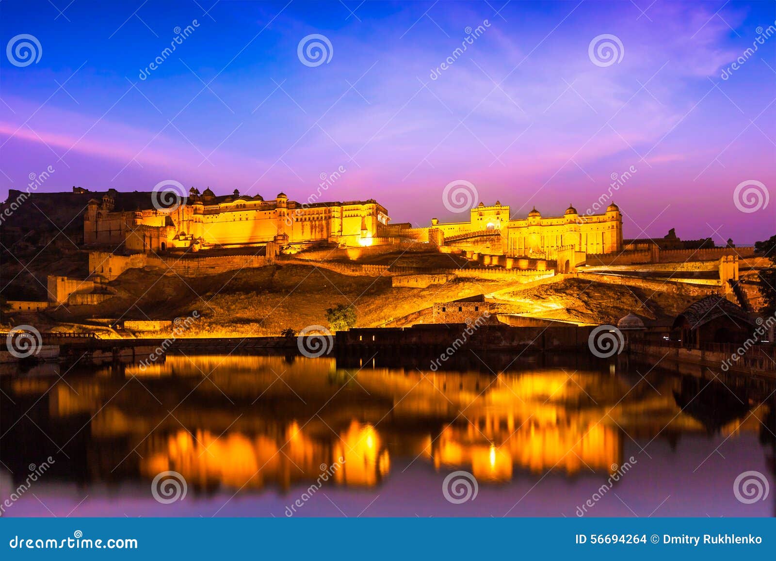 amer fort at night in twilight. jaipur, rajastan
