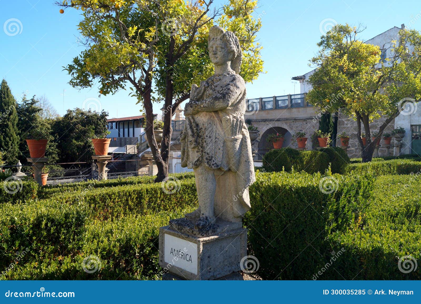 america, allegoric sculpture in the garden of the episcopal palace, jardim do paco, castelo branco, portugal