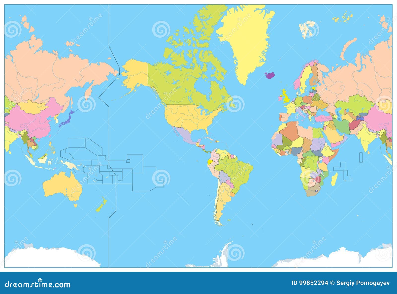 America Centered Political World Map No Text Stock Vector